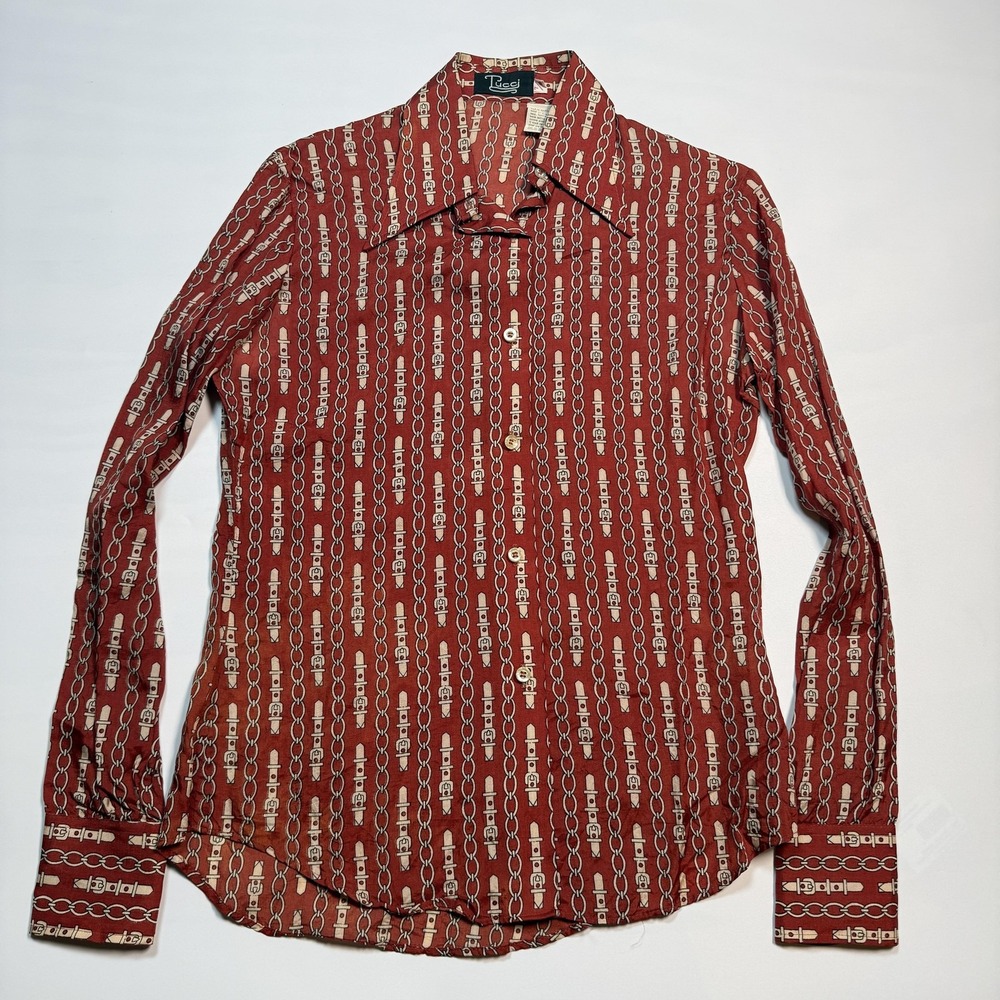 Tucci Womens Blouse 7 Red Polyester Chain Print Vintage Button Front Collared
